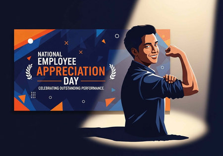 A man celebrating National Employee Appreciation Day with a flexed arm and a proud smile in a modern...