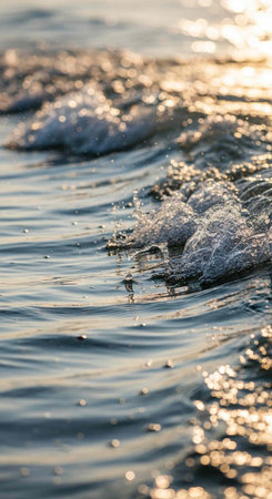 A serene ocean wave with sparkling water during a peaceful sunset