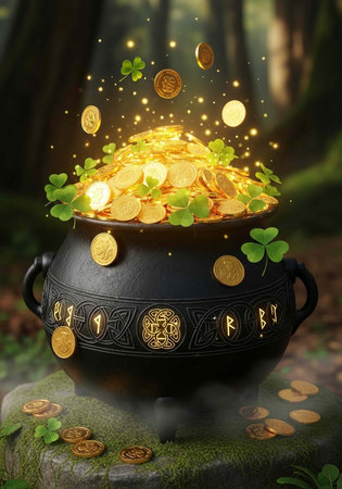 A magical black cauldron overflowing with gold coins and four-leaf clovers in a mystical forest...