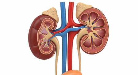 A detailed illustration of the human kidney anatomy with its internal structures and blood vessels.
