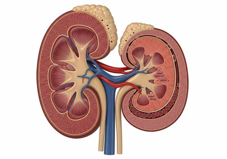 A detailed illustration of the human kidney anatomy showing its internal structure and blood vessels.の写真素材