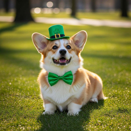 A cute corgi dog wearing a green hat and bow tie lies on the grass in a park