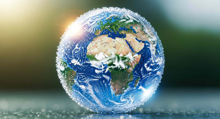 A crystal globe representing the Earth with water droplets on its surface, symbolizing nature and...