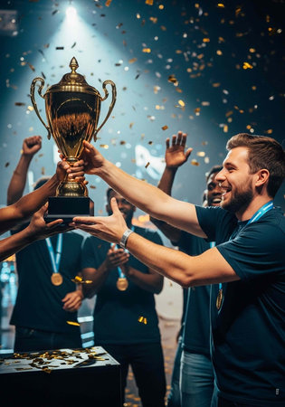 A group of happy people celebrating with a trophy and confetti in a brightly lit room