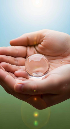 A person holding a crystal ball in their hands with a green and blue background