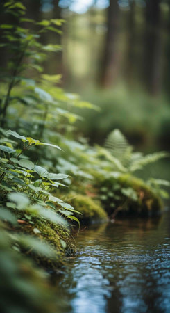 A serene forest stream with lush greenery and mossy rocks in a natural landscape settingの写真素材