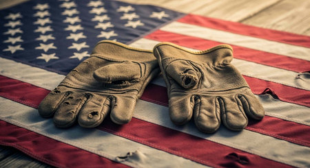 A pair of worn leather gloves resting on a partially torn American flag