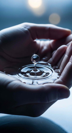 A person holding a drop of water in their cupped hands symbolizing conservation and sustainability
