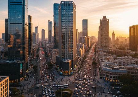 A bustling city street at sunset with tall skyscrapers and busy traffic in a modern urban landscape