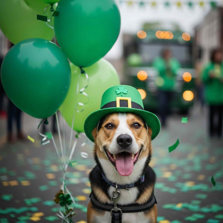 A happy dog wearing a green hat and surrounded by balloons at a St. Patrick's Day celebrationの写真素材