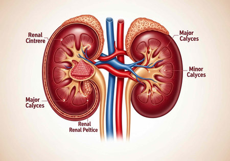 A detailed illustration of the human kidney anatomy with labeled components for medical education...