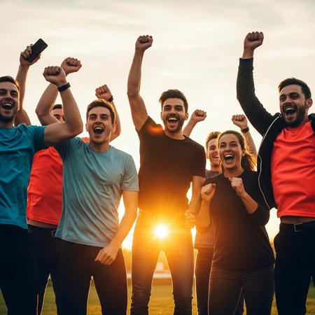 A group of young adults celebrating and cheering together outdoors at sunset with raised fists and...