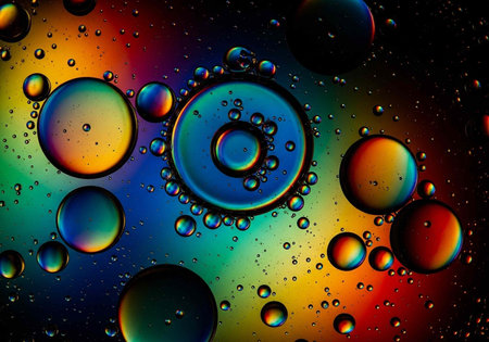 A vibrant and colorful abstract image of oil droplets on a rainbow background with bubbles of...