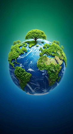 A vibrant green and blue globe with trees growing on it, symbolizing nature and environmental...