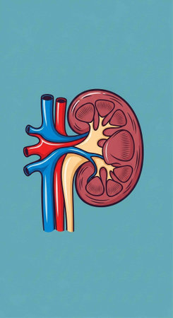 Anatomical illustration of a human kidney with detailed vascular structures for medical education purposesの写真素材