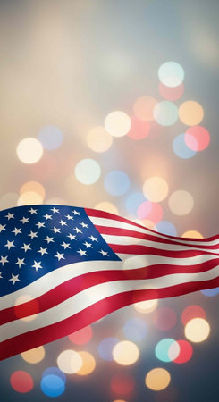 The American flag waving proudly in front of a vibrant bokeh light background, symbolizing freedom...
