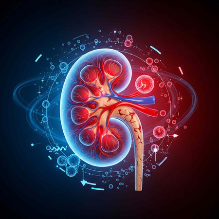 A medical illustration of a human kidney with a glowing blue and red design on a dark backgroundの写真素材