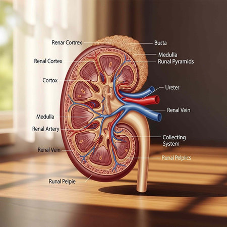 A detailed illustration of a human kidney with labeled parts on a wooden surface near a window