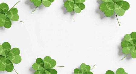 A vibrant arrangement of green four-leaf clovers on a clean white background for St. Patrick's Day