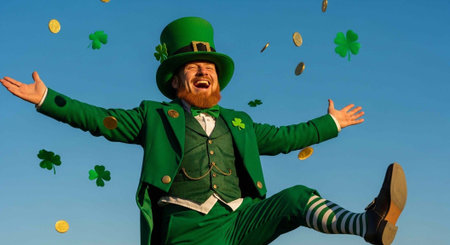 A joyful man dressed as a leprechaun celebrating St. Patrick's Day with shamrocks and gold coins in the airの写真素材