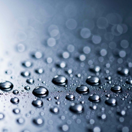 A close-up view of water droplets on a surface with a blurred background