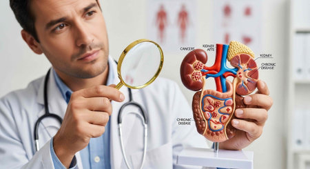 A doctor examines a detailed kidney model with a magnifying glass in a medical setting for...