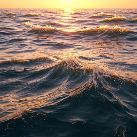 A serene ocean wave at sunset with warm golden light reflecting on the water surface