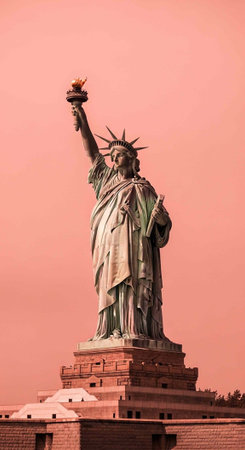 The iconic Statue of Liberty stands tall against a vibrant pink sky in New York City