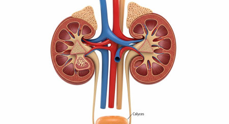 A detailed illustration of the human kidney anatomy with labeled structures for medical education purposesの写真素材