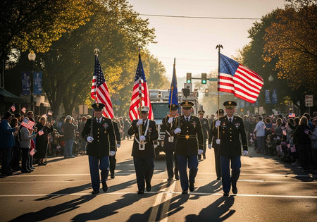 Military personnel marching in a parade with American flags and a crowd of spectators on a sunny day
