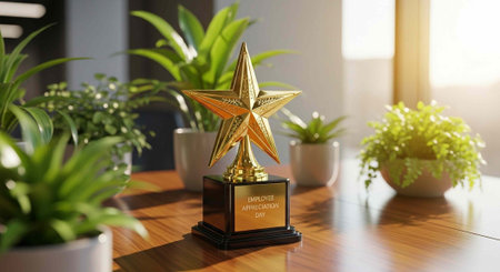 A golden star trophy sits on a wooden table surrounded by potted plants in a bright office setting.の写真素材