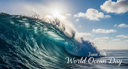 A powerful ocean wave on World Ocean Day with a bright sun and blue sky in the backgroundの写真素材