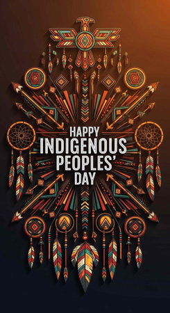 Colorful feathers, dreamcatchers, and tribal patterns on dark background with Happy Indigenous...