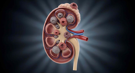 A medical illustration of a kidney with cysts and stones, highlighting a serious health condition.