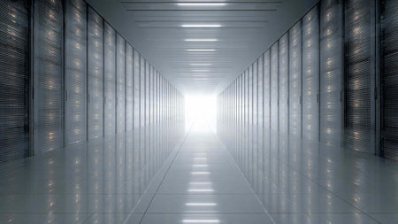 Long corridor of data center with rows of computer servers and shiny floor leading to bright light