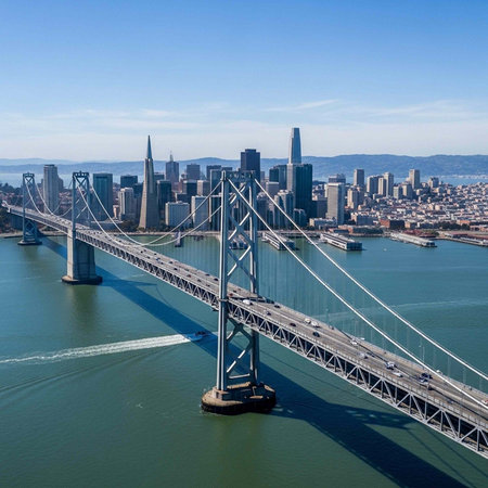 Bay Bridge with suspension cables and towers, cars driving, city skyline, and water below