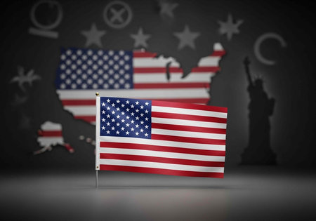 A small American flag on a pole with a USA map and Statue of Liberty silhouette in the background