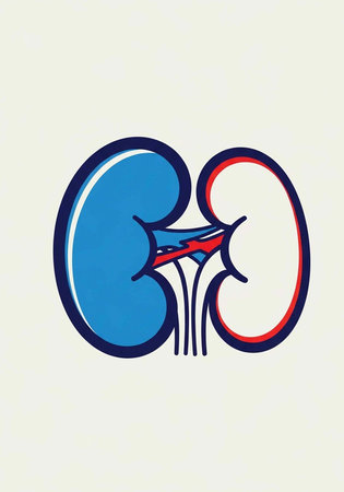 A medical illustration of a human kidney with a ureter and renal pelvis in a blue and red color...