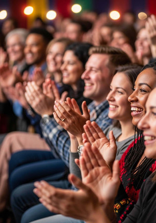 Smiling people of different ages and ethnicities clapping hands in appreciation at an indoor event