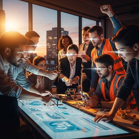 Group of people in business and safety attire gathered around futuristic touchscreen display with graphicsの写真素材