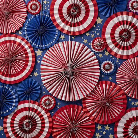 A vibrant display of patriotic paper fans in red, white, and blue colors for a festive celebrationの写真素材