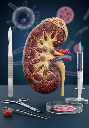 Kidney model with surgical tools, syringe, and petri dish on a table against a viral backgroundの写真素材