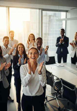 A group of diverse business colleagues celebrating success in a modern office with large windows