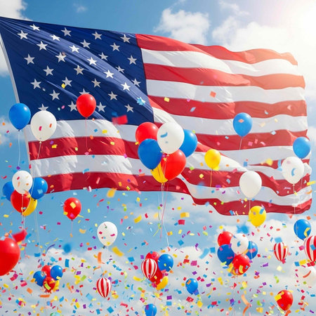 Large American flag waving with colorful balloons and confetti in the air on a bright dayの写真素材