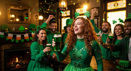 A group of people in green attire celebrating St. Patrick's Day with beer in a cozy pub