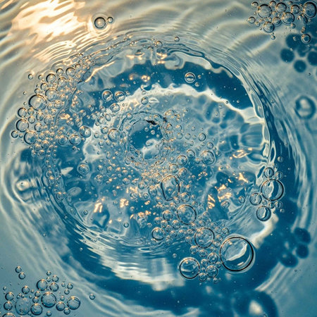 Close-up of clear water with bubbles and ripples, shimmering light reflections on the surfaceの写真素材