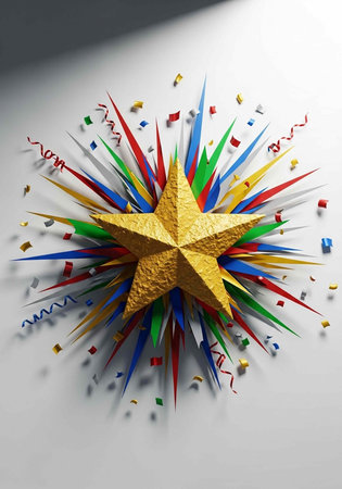 Gold star with multicolored confetti and ribbons on a white surface, festive celebration sceneの写真素材