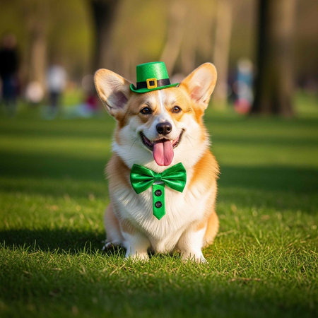 Corgi dog sitting on grass with green hat and bowtie, smiling and looking happy outdoorsの写真素材