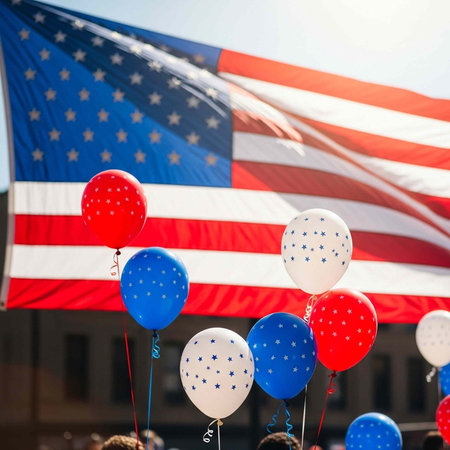A large American flag waving in the background with colorful balloons at a festive outdoor eventの写真素材