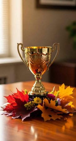 Shiny gold trophy surrounded by vibrant autumn leaves and small flowers on a wooden tableの写真素材